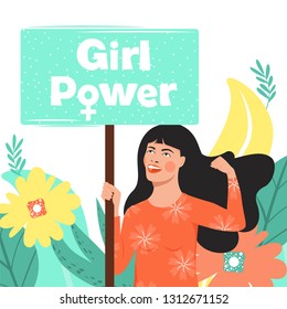 Feminism, girl power, International Women's Day concept with flowers and leaves. Strong girl with nameplates "Girl power". Women empowerment. Vector illustration.