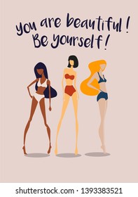Feminism and girl power stories template. Concept for prints, t-shirts, cards. Happy women quotes and motivational slogans.