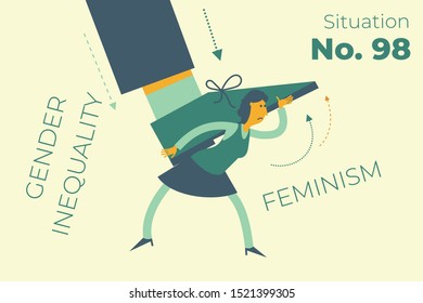 Feminism. Girl power. A woman holds a man's leg over her head. A strong woman fights for women's rights. Flat illustration design for presentation, web, landing page, infographics.