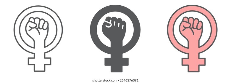 Coleção de ícones feminismo, punho e protesto, mulheres resistem a sinais gráficos conjunto vetor, traço editável ícone linear, eps 10