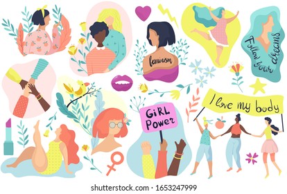 Feminism icons, women rights, girl power vector illustration. Set of isolated icons and stickers of feminists movement, woman activist protest. Feminism concept, modern woman inspirational icons