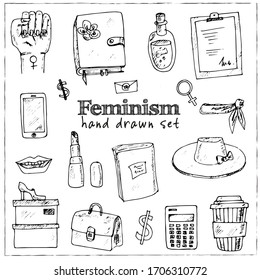 Feminism isolated hand drawn doodles Vector set
