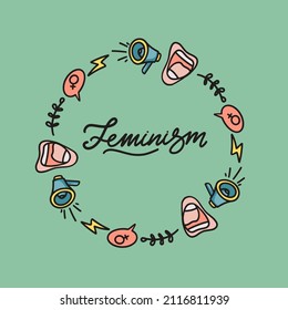 Feminism. Lettering with wreath for card, poster, sticker