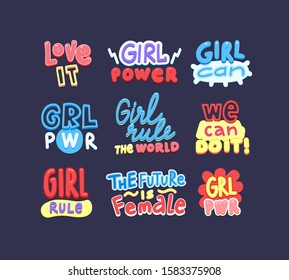 Feminism letterings set. Grl pwr, love it phrases isolated pack on blue background. Girls rule the world sticker, patch design. Woman fight, gender equality handwritten typography bundle