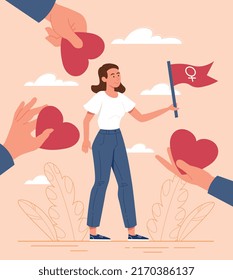 Feminism and LGBT community. Male hands give hearts to beautiful woman and make compliments. Lesbian girl holding flag with female gender sign. Love and relationships. Cartoon flat vector illustration