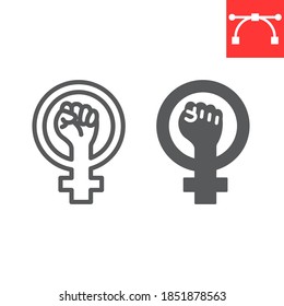 Feminism line and glyph icon, fist and protest, women resist sign vector graphics, editable stroke linear icon, eps 10