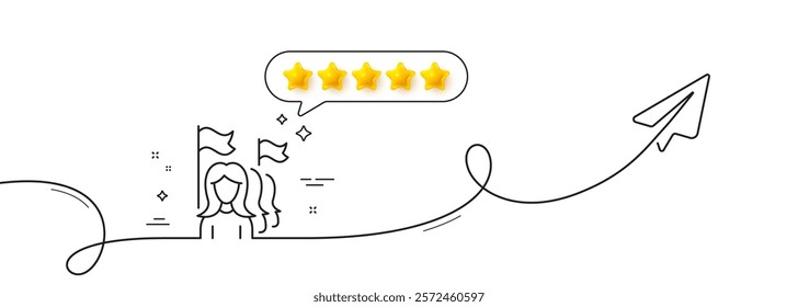 Feminism line icon. Continuous line with share plane. Women protest sign. People with flags symbol. Five star rate review in speech bubble. Feminism single line ribbon. Loop curve pattern. Vector