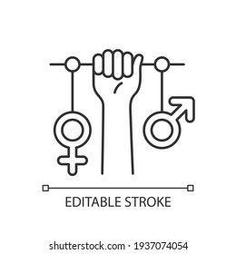 Feminism linear icon. Establishing social justice. Expansion women rights. Hand raised up. Thin line customizable illustration. Contour symbol. Vector isolated outline drawing. Editable stroke
