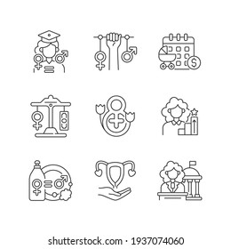 Feminism linear icons set. Division of domestic labour. Equal education opportunities. Equal pay. Customizable thin line contour symbols. Isolated vector outline illustrations. Editable stroke