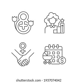 Feminism linear icons set. Girl power. Women day. Paid maternity leave. Establishing social justice. Customizable thin line contour symbols. Isolated vector outline illustrations. Editable stroke