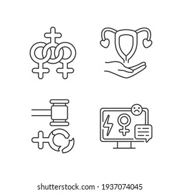 Feminism linear icons set. Media sexism. Protection women rights. Expansion of the rights of women.Customizable thin line contour symbols. Isolated vector outline illustrations. Editable stroke