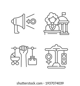 Feminism linear icons set. Women in government. Gender equality. Equal pay. Motherhood and career. Customizable thin line contour symbols. Isolated vector outline illustrations. Editable stroke