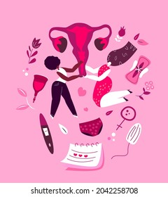 Feminism Menstruation concept.Beauty Different Girls Hold Womb Uterus.Female Ovaries.Vagina Symbol,female period with menstrual blood,panties,sanitary pad,tampon,reusable cup.Flat vector illustrations