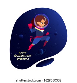 Feminism Motivation. Little girl dreams of Becoming Powerfull Super girl Astronaut. You go girl. Woman Empowerment.Free happy Cosmonaut in Space.Confident Choice.International Woman Day Celebrating.