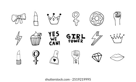 Feminism movement. Hand drawn doodle elements, stickers, phrase and lettering about women power