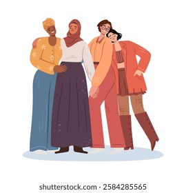 Feminism movement and protection of rights, international womens day celebration. Vector isolated group of girls, empowerment and diversity, equality and multicultural social solidarity