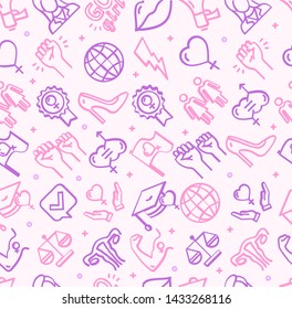 Feminism Movement Signs Seamless Pattern Background with Sticker and Scale on a White for Web and App Design. Vector illustration