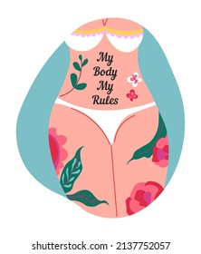 Feminism movement and supporters, isolated woman with tattooed belly saying my body my rules. Girl power and empowerment of ladies, positive attitude and beauty of person. Vector in flat style
