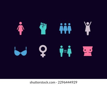 Feminism movement vector icon set. Feministic protest signs. Women's rights protection icons.
