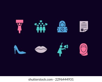 Feminism movement vector icon set. Feministic protest signs. Women's rights protection icons.