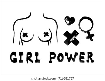 Feminism paper texture hand drawn doodles set. Ink watercolor paint lettering isolated on white background