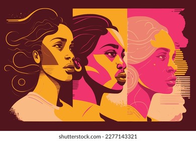 Feminism in pink and orange. Woman's Day Banner vector, Woman history month, march, Empowering feminism, multiracial woman on a banner.