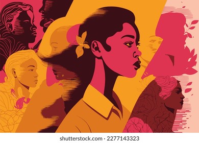 Feminism in pink and orange. Woman's Day Banner vector, Woman history month, march, Empowering feminism, multiracial woman on a banner.