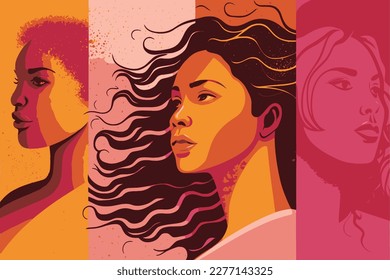 Feminism in pink and orange. Woman's Day Banner vector, Woman history month, march, Empowering feminism, multiracial woman on a banner.