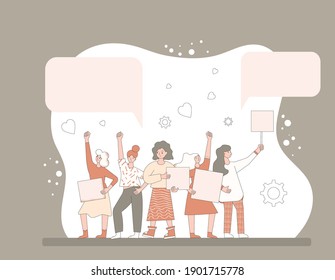 Feminism. Protest. Female activists holding placards. Girls standing together with blanks for their rights. Women with banners taking part in parade, picket, manifestation. Vector line illustration.