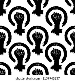 Feminism Protest Hand seamless vector pattern. Female Woman hand drawn Icon. Illustration isolated on white.