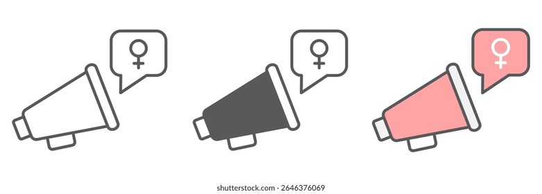 Feminismo ícone de protesto coleção, sexismo e feminismo, megafone sinal vetor definir gráficos, traço editável ícone linear, eps 10