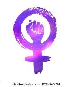 Feminism protest symbol with ultraviolet outer space inside.