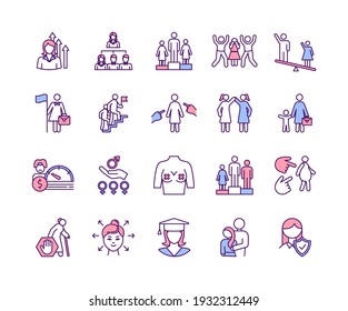 Feminism RGB color icons set. Women in business. Female leader. Glass ceiling. Violence against women. Career growth. Pregnancy discrimination. Gender-based abuse. Isolated vector illustrations