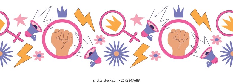 Feminism seamless border. Fist up and other symbols of feminism in clip art style. Modern vector illustration for international women's day