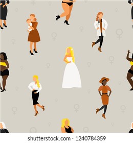 Feminism. Seamless pattern with beautiful ladies. Flat vector female cartoon characters. Career.  Different Occupations. Jobs and Skills. Mother and baby, business woman, doctor, chef and builder. 