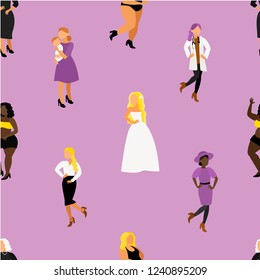 Feminism. Seamless pattern with beautiful ladies. Flat vector female cartoon characters. Career.  Different Occupations. Jobs and Skills. Mother and baby, business woman, doctor, chef and builder. 