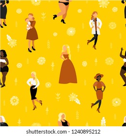 Feminism. Seamless pattern with beautiful ladies. Flat vector female cartoon characters. Career.  Different Occupations. Jobs and Skills. Mother and baby, business woman, doctor, chef and builder. 