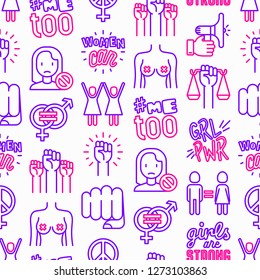 Feminism Seamless Pattern With Thin Line Icons: Women's Rights, Girl Power, Gender Equality, Sex Dicrimination, Me Too, Protest, Girls Are Strong. Modern Vector Illustration.