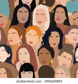 Feminism seamless pattern with women's faces. International women's day theme, empowerment and equal rights. Good for prints, backgrounds, textile, wallpaper, socila events decor. EPS 10