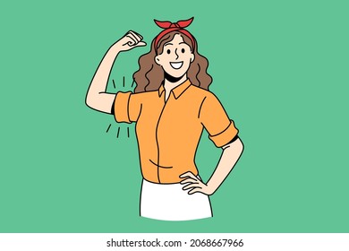 Feminism, Self Confidence Of Woman Concept. Young Smiling Girl Cartoon Character Standing Showing Biceps Feeling Confident Strong Vector Illustration 
