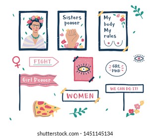 Feminism set. Idea of equal rights and body positive. Girl power quote. Collection of poster. Isolated vector illustration in cartoon style