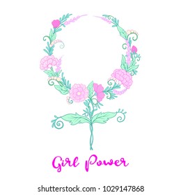 Feminism sign with flowers.  Feminism concept.  Girl power. Vector illustration. Tatoo, sticker, card, patch design