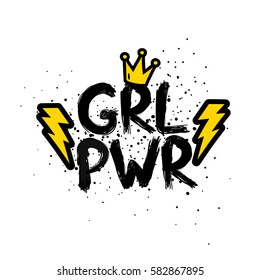 Feminism Slogan With Hand Drawn Lettering Girl Power And Funny Girly Crown And Lightning Stickers In Cartoon 80s-90s Comic Style. 