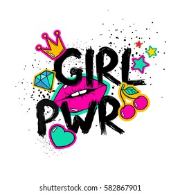 Feminism slogan with hand drawn lettering girl power. Colorful fun girly stickers, patches, pins in cartoon 80s-90s comic style. 