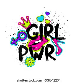 Feminism Slogan With Hand Drawn Lettering Girl Power. Colorful Fun Girly Stickers, Patches, Pins In Cartoon 80s-90s Comic Style. 