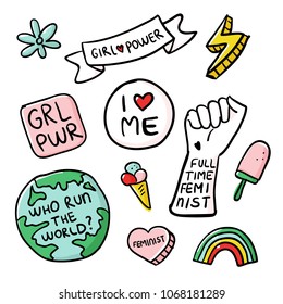 Feminismus Slogan und Patches. Design im Stil der 80er Jahre. Retro-Pop-Aufkleber und Abzeichen.Mädchenmacht. Vollzeitfeministin. Ich liebe mich. Feministin. Illustrationen von Pin, Eis.