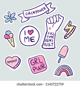 Feminism slogan and patches. Vector 80s style design. Retro pop stickers and badge. Girl power. Full time feminist. I love me. Feminist. Illustrations of pin, ice cream.