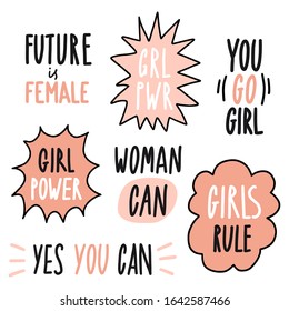 Feminism slogan set. Girl power, woman can, future is female. Hand drawn woman motivational quotes collection. Vector inspirational typography for posters, t-shirt prints, cards, banners. Vector