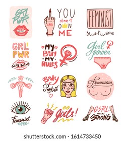  Feminism slogan in vintage style. Girl power and body positive concept. Motivational Quote. Women s rights. Lettering phrase. Sticker for posters and cards. Doodle icon. Hand drawn sketch.