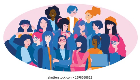 Feminism. Stronger together. Woman in tech, Happy women or girls standing together , girls, power, strong, strength, Feminine, woman empowerment, vector illustration. 
